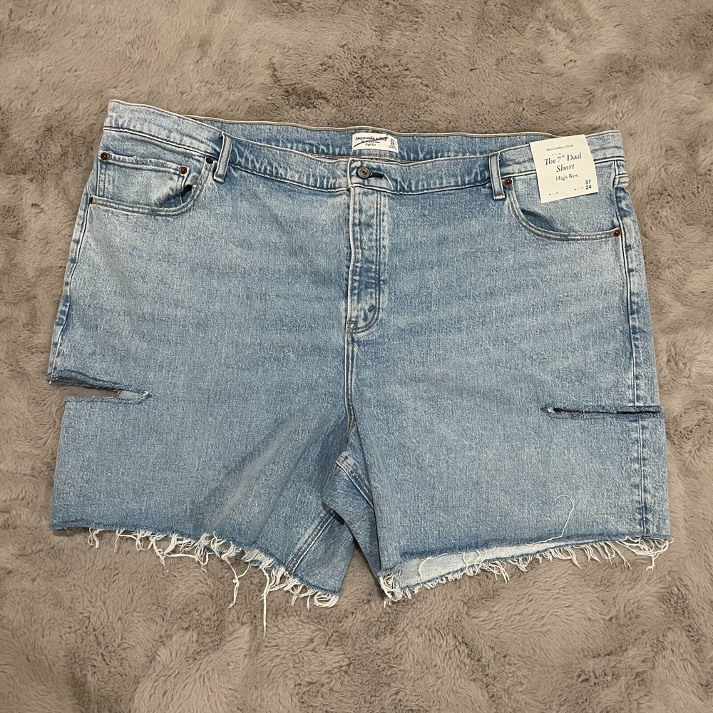 NWT Abercrombie & Fitch 7" Dad High Rise Jean Shorts 37/24 Distressed Button‎